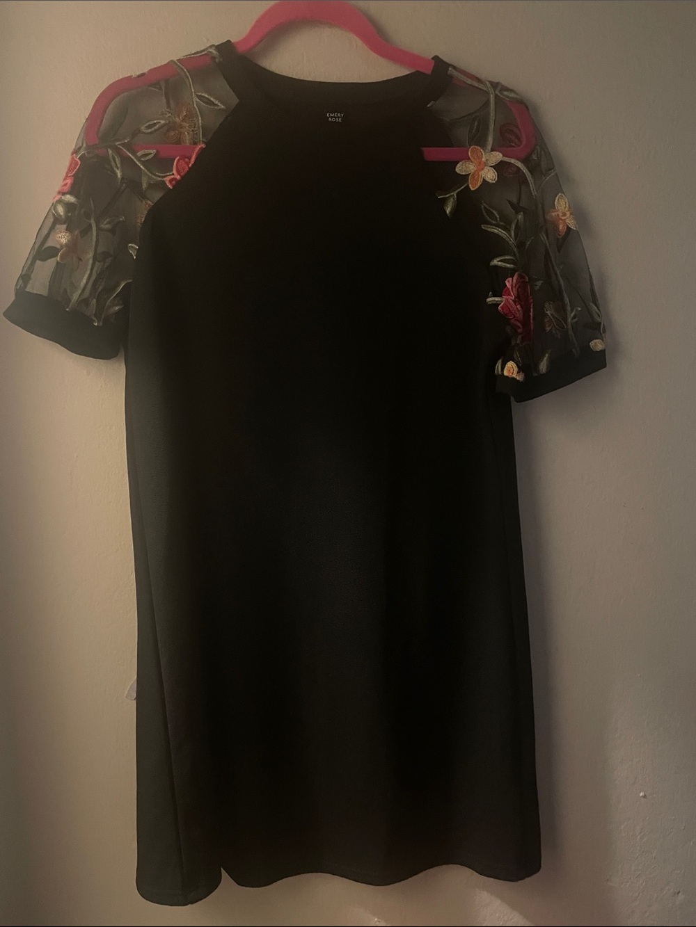 Embroidered Mesh Sleeve Black Shift Dress